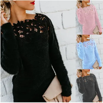 

2020 MAGGIE'S WALKER Sweater Dress Women's Solid Color Stitching Lace Long Sleeve Sweater