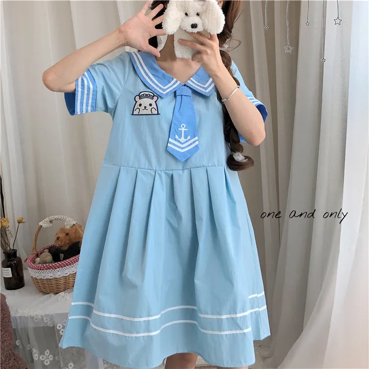 

Photo Shoot Navy Collar Soft Girl Bear Embroidered Playful Tie And Connected Color Pleated Dress