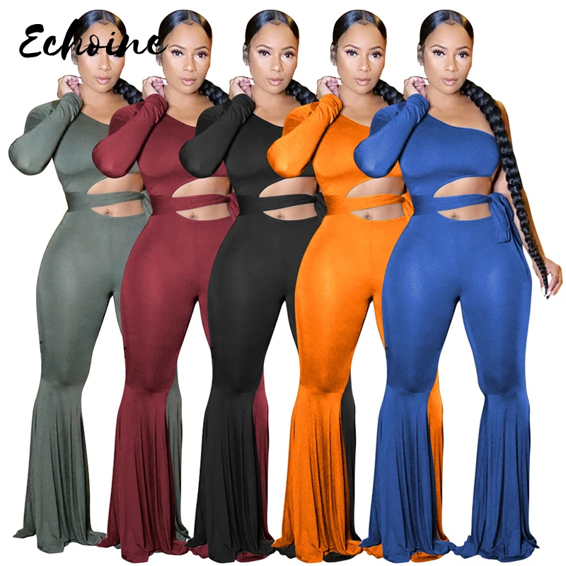 

Solid Waist Cut Out Party Clubwear Jumpsuit Women Sexy One Shoulder Single Long Sleeve Romper Vintage Pleated Flare Overall 2XL