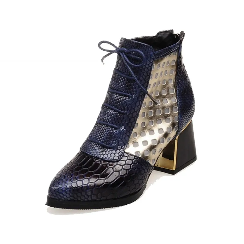 

Fashion Ankle Boot Snake Print Cross Tie Hoof High Heels Short Boots Pointed Toe Autumn Boots Shoes Winter Shoes