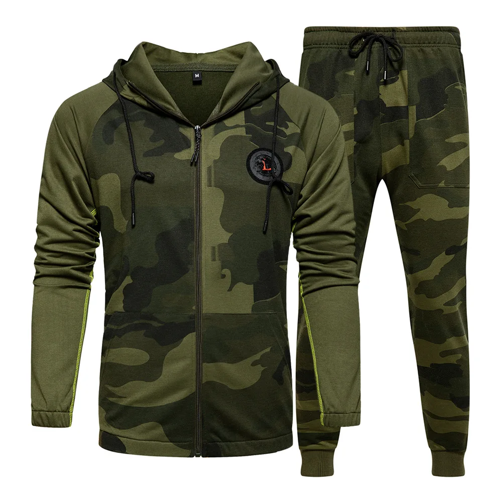 

2020 European and American autumn and winter leisure sports stitching two-piece men's zipper hooded camouflage sports suit