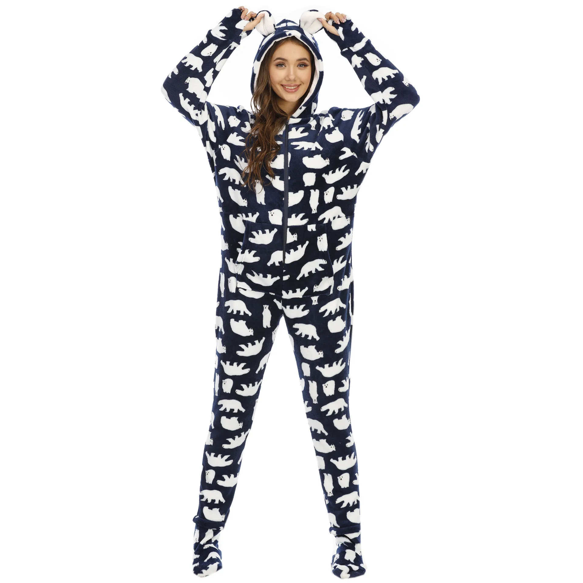 Winter European And American Ladies Pajamas Flannel Animal Print Foot Cover One-piece Home Service Pyjamas