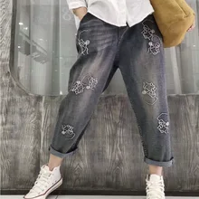 19 длинные штаны для девочек новые осенние свободные эластичные свободные джинсы для отдыха с вышивкой для женщин