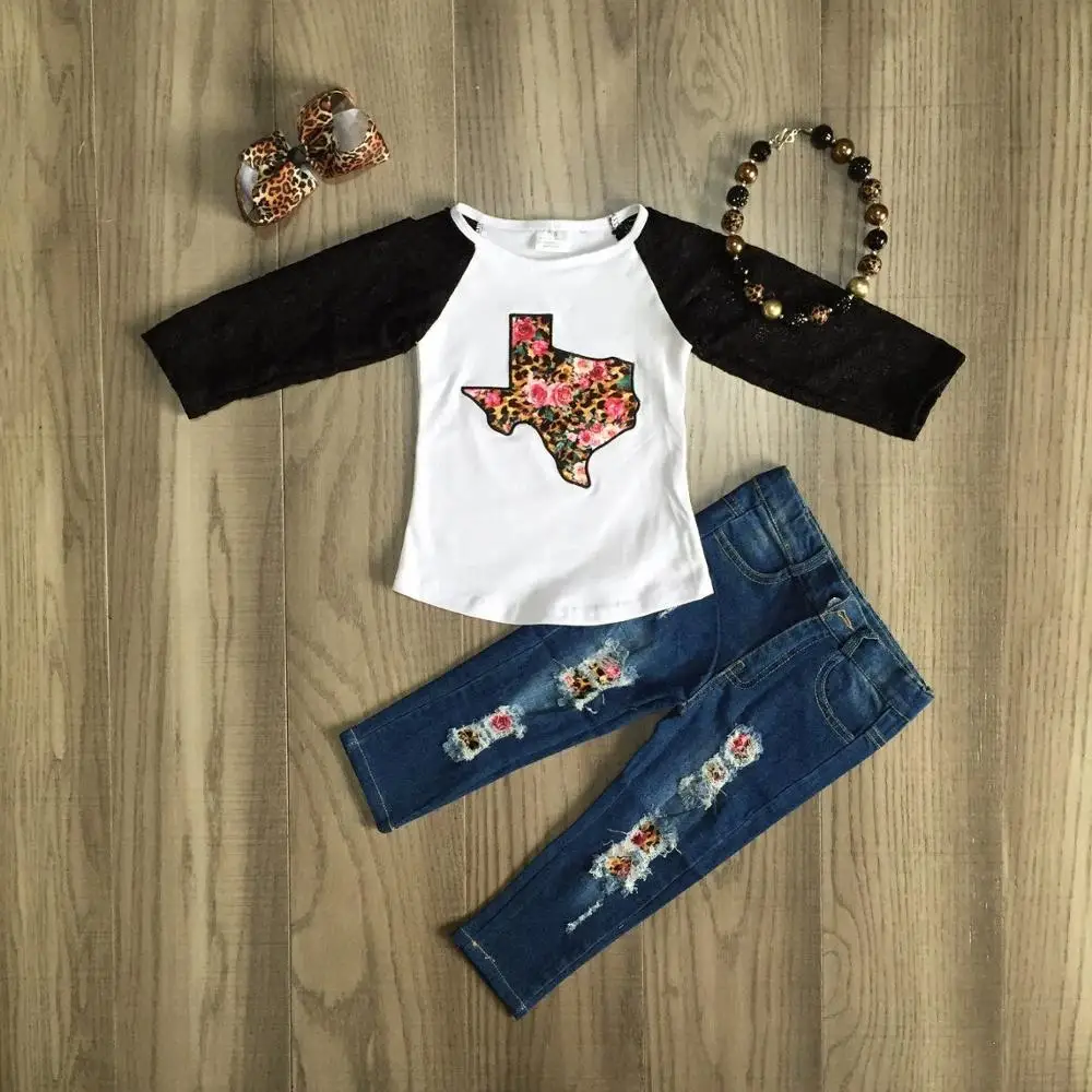 Skup Baby Girl clothes girls jesień zima stroje floral leopard tee z dziurkowanymi dżinsami spodnie butikowa odzież dla dziewczynek z akcesoriami