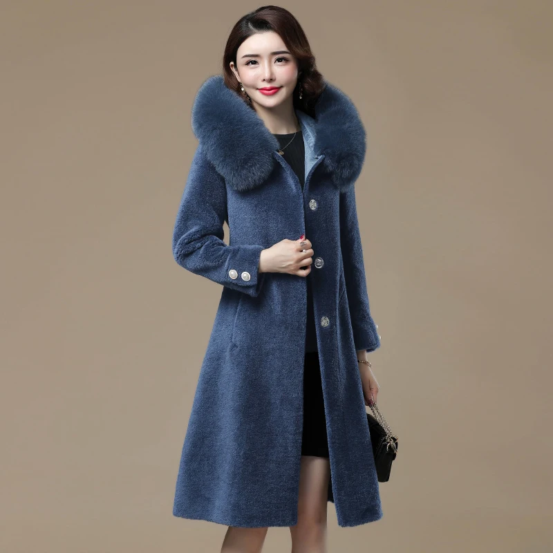 

Новое зимнее шерстяное меховое пальто с воротником из лисьего меха, элегантное облегающее пальто средней длины, Женское пальто с овчиной