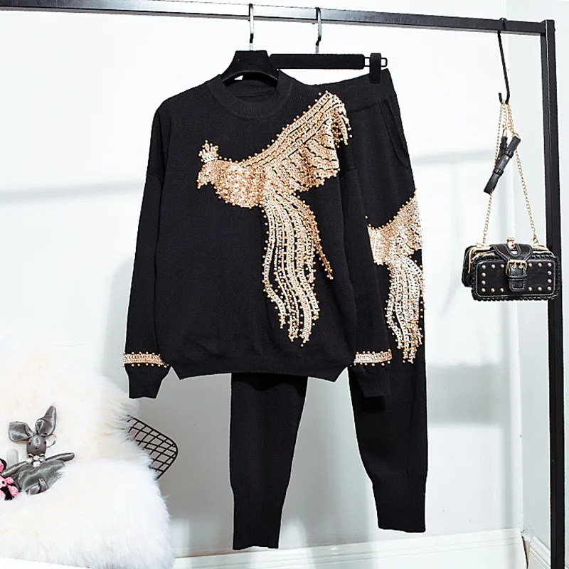 

Autumn Fashion White Black Knitted Tracksuit Set Women Manual Beading Sequin Eagle Sweater Pencil Pants Outfits Knit Suit Female