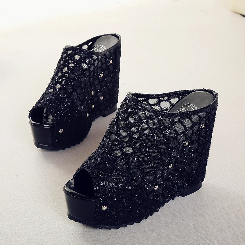 Women High Heels Platform Sandals Summer Mesh Slip On Peep Toe Rubber Sole