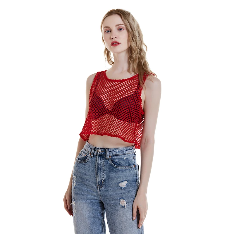 Sexy schwarz / rot aushöhlen Crop Top 2020 Mesh T-Shirt weiblich lose Mode Sommer Basic Tops für Frauen Netzhemd