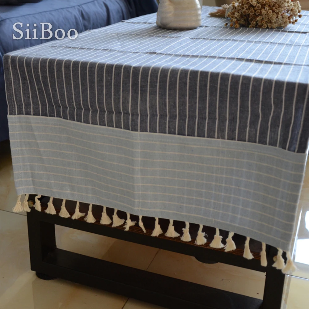

Japan style blue striped cotton linen table cloth table cover tassel rectangle nappe mantel toalha de mesa tischdecke SP5239