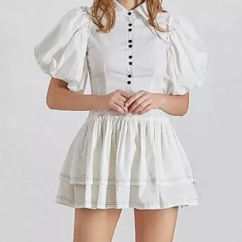 

DEAT 2019 Summer Short Puff Sleeve Turn Down Collar High Waist Slim Elegant White Short Mini Shirt Dress Women MF344