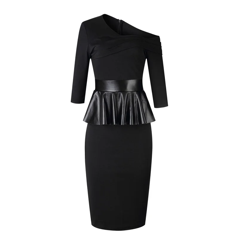 Women Long Sleeve One Shoulder Peplum Dress Elegant Office Lady PU Insert Work Dress Sexy Solid Party Midi Dress