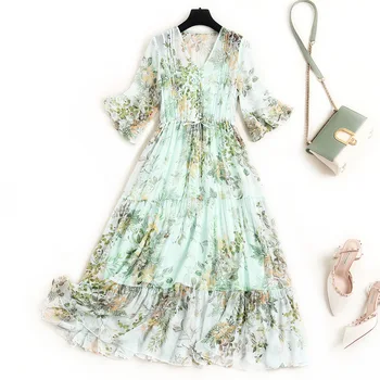 

Sukienka Letnia Elegancka Real Silk Dress Print Half Flare Sleeve Prairie Chic Ropa Mujer Verano 2020 Vestidos De Salir Green