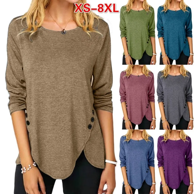 

Women's Blouses Fashion Clothes Autumn and Winter Tops Causal Solid Color Shirts Round Neck Button Loose Lady