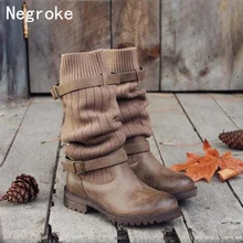 Г. Осенне-зимние винтажные женские ботинки шерстяные носки больших размеров женские сапоги до колена на плоской подошве Botines Zapatos De Mujer