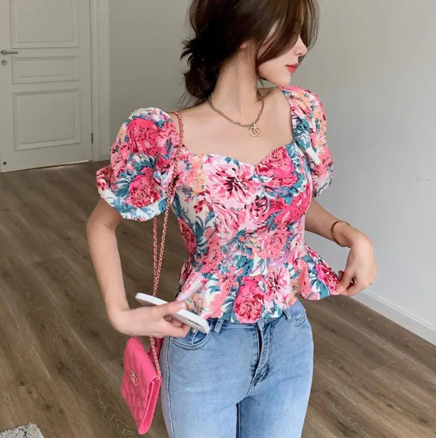 

Egirl Top Fashion Women's Lace-up Bow-knot Halter Top Women's Top Sexy Floral Print Short Sleeve Puff Sleeve Square Neck Ruffle