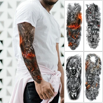 

Large Arm Sleeve Tattoo Orange Magma Warrior Waterproof Temporary Fake Tatoo Sticker Skull Phoenix Rose Men Women Full Tatto