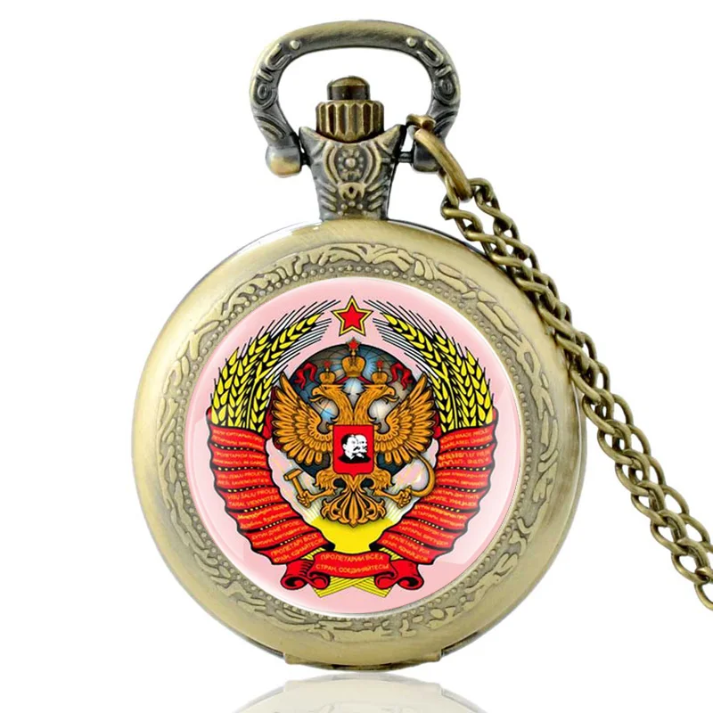 

Vintage Bronze Double-Headed Eagle Quartz Glass Dome Pocket Watch Russian National Emblem Necklace Pendants Jewelry Gifts