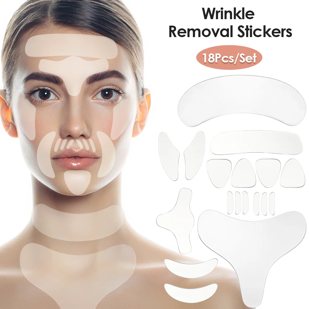 Reusable silicone wrinkle removal stickers applied on face, showcasing their effectiveness in smoothing out forehead and under-eye wrinkles.