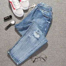 Осенние и зимние рваные джинсы для женщин, большие размеры, женские джинсы со шнуровкой для уличной одежды, свободные шаровары, Брюки с карманами