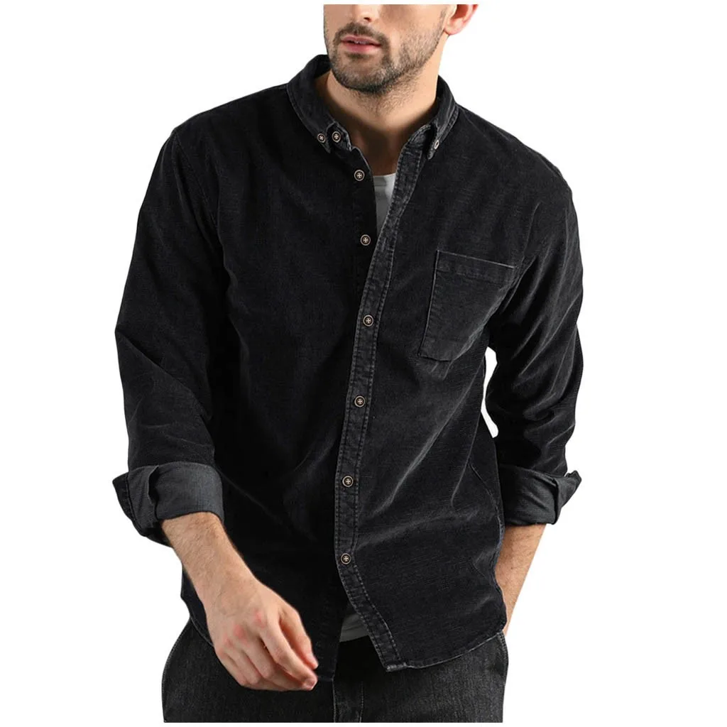 Модная мужская однотонная Вельветовая рубашка с карманами, осенняя Повседневная рубашка с длинными рукавами, Мужская одежда, рубашки с карманами, Camisas Hombre, топ, блузка - Цвет: 2