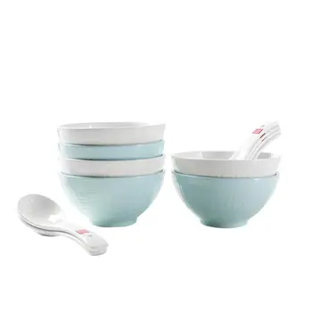 

Adeeing 12Pcs/Set Tableware White Bowl Blue Bowl White Spoon Tableware Set