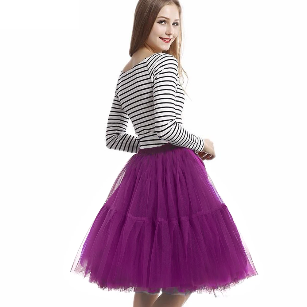 5 слоев 60 см юбка миди Тюлевая юбка эластичная талия винтажная юбка-пачка классический стиль Лолита Высокая талия женские Вечерние - Цвет: purple