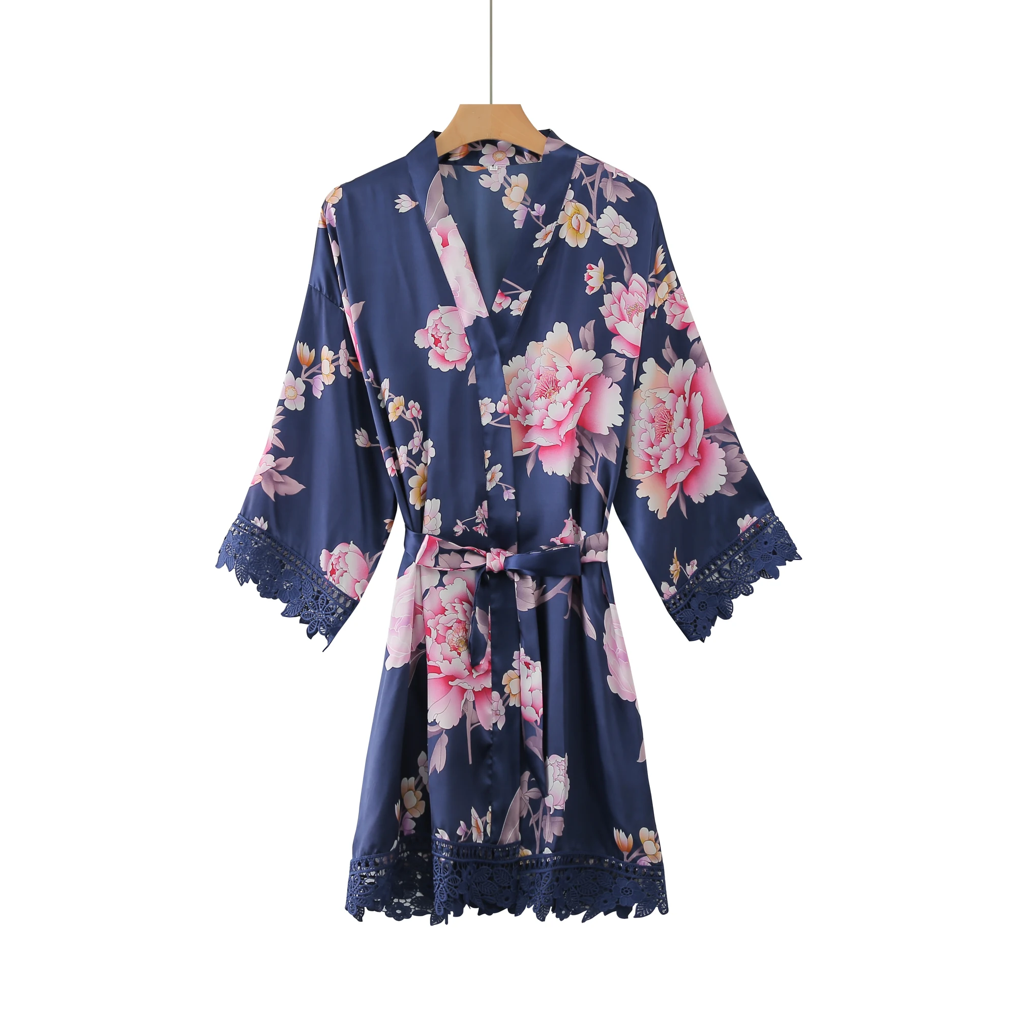 navy blue Owiter цветочный банный халат с кружевной отделкой атласное шелковое свадебное кимоно для невесты Халаты женские свадебные подарки Цветочное платье - Цвет: navy blue