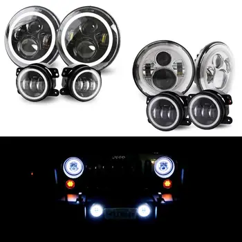 

7" Black/Silver LED Headlights High Low Beams+ 4" LED Combo Fog Lights Compatible for Jeep Wrangler 97-2018 JK TJ LJ DOT Approve
