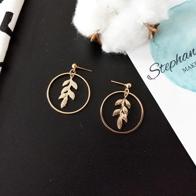 

Hand Made Accessories Japanese Korean Elegant Simple Retro-Style MORI Series Circle Leaf Geometry Ear Stud Earrings Women's Ear