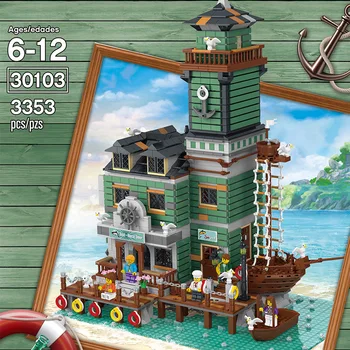 

City Creator Street View The Old Fishing Store Lighthouse Boat Hous Diner Model Building Blocks Captain Wharf Bricks Toys