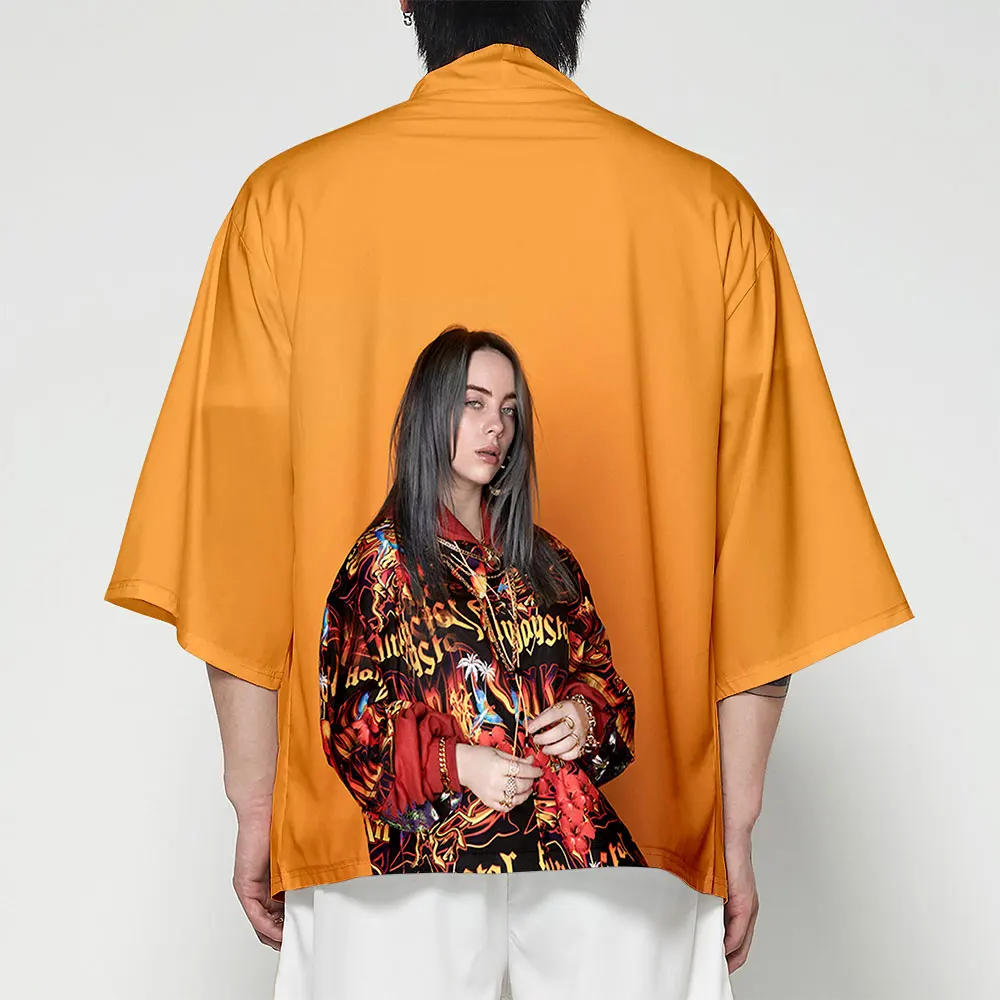 Популярное мужское и женское кимоно Billie Eilish3D, модное летнее оранжевое кимоно в японском стиле, футболка, кардиган, повседневный Топ