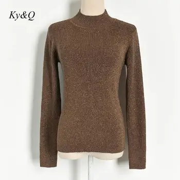 

Runway Luxury 2019 Winter Women Bottoming Shirt Gold Silk Half-high Collar Elastic Slim Knit Pullover Long Sleeve Jumper Clothes