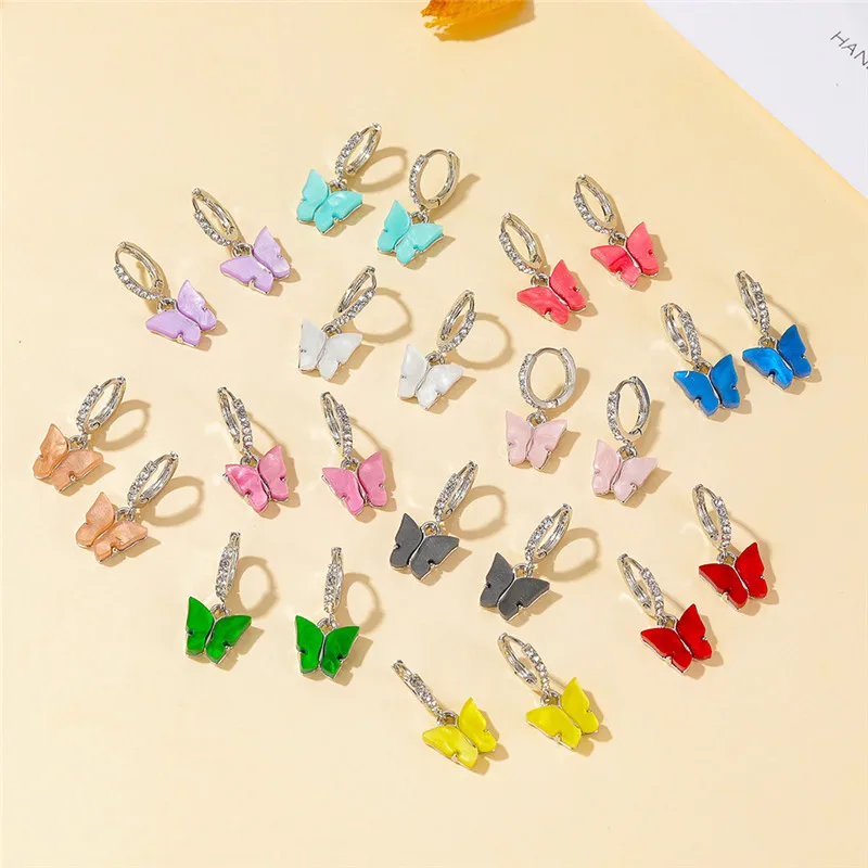 KOtik Fashion Elegant Acrylic Butterfly Earrings Simple Cute Korean Female Lady Small Crystal Drop Bohemia Jewelry | Украшения и