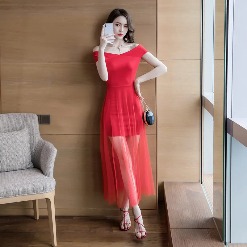 

WOMEN'S Dress 2019 Summer New Products Debutante Elegant Horizontal Neck off-Shoulder Gauze Joint Big Hemline-Shaped Dress Women