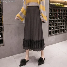 Ретро осень зима длинные юбки для женщин шикарные кружева сплайсинга трикотажная юбка стрейч Высокая талия Saia Feminina Bodycon плиссированная юбка