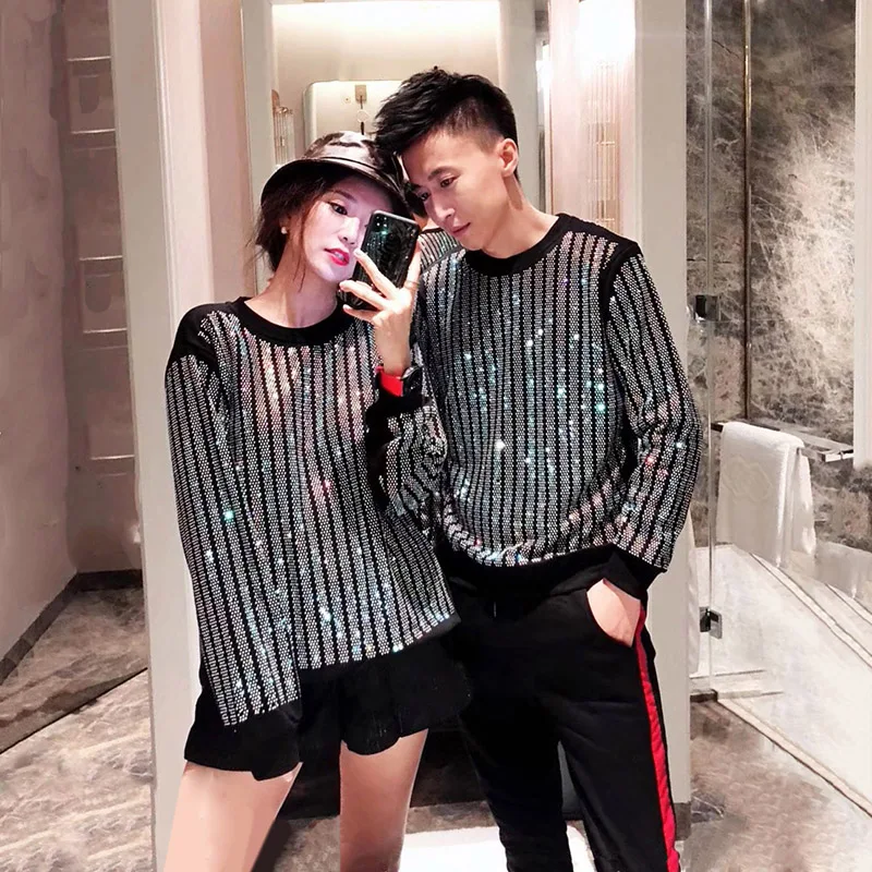 

Plus Size Hot Drilling Sweatshirt for Men and Women Spring Autumn Rhinestone Round-Neck Pullover Long Sleeve Shirt Loose Hoodie