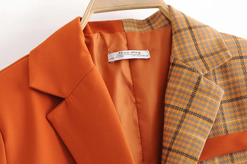Женский оранжевый пиджак в клетку с лоскутами, деловой блейзер с карманами, модный Женский блейзер, дизайнерская рабочая одежда, верхняя одежда в стиле пэчворк