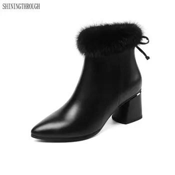 

Large size 34-45 Women's snow Boots geuine leather ankle Boots High Heels Shoes Woman winter warm Female Boots