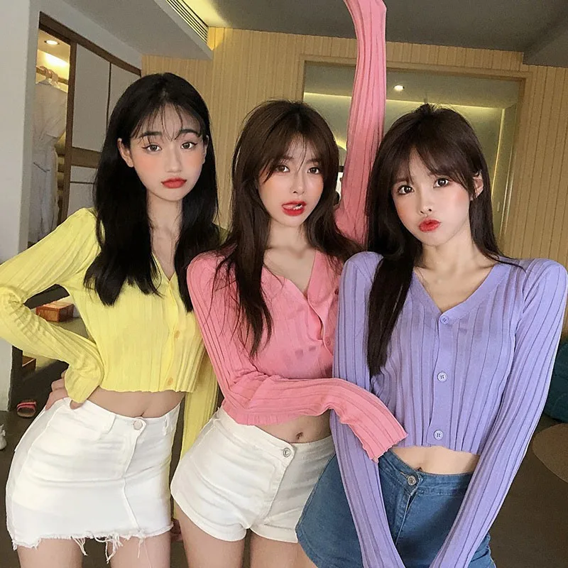 Women's Solid Color Blouse Long Sleeve V-Neck Thin  Button Up Knitted Cardigan Shirt Tops 2020 4