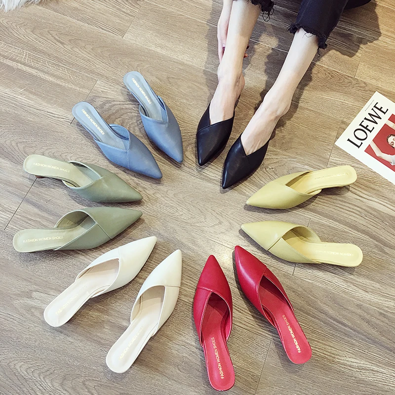 Мюли женские с заостренным носком однотонные кожаные туфли на необычном каблуке
