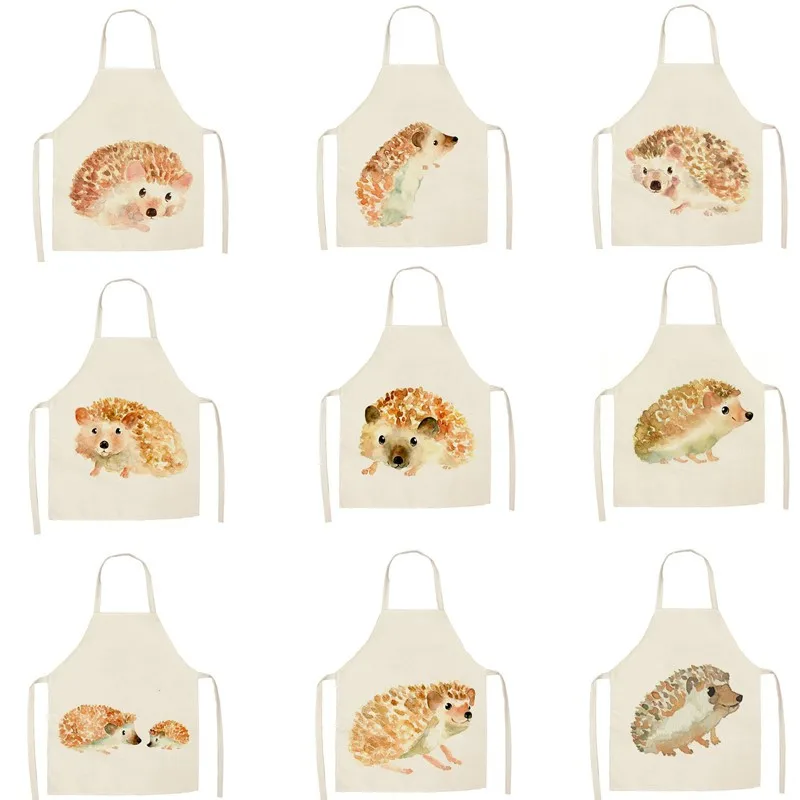 1Pcs Kitchen Apron Cartoon Hedgehog Printed Sleeveless Cotton Linen Aprons for Men Women Home Cleaning Tools 55*68cm