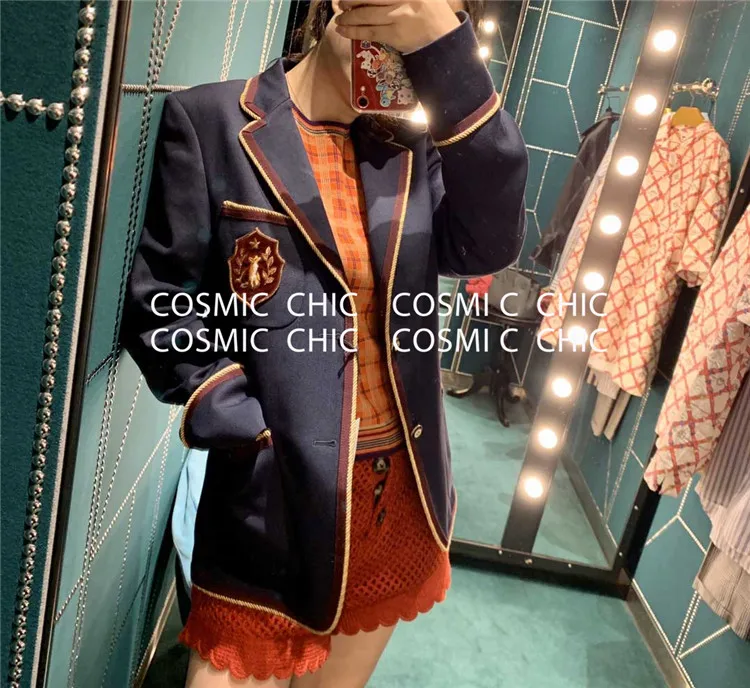 Cosmicchic осень зима мода колледж Стиль лацканы для женщин значок Вышивка Одежда пальто Высокое качество Синий куртка для отдыха