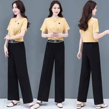 

Summer Fashion Wide-leg Pants Two Piece Set Sports Comfortable Ice Silk 2 Piece Set Women Clothes Apricot Gray Pink Blakc