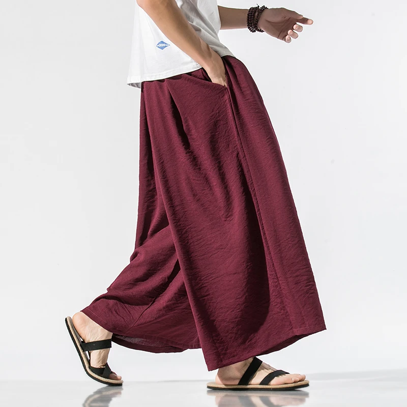 Men Linen Baggy Pants Mens Chinese Style Draped Solid Cotton Pants Man Traditional Wide Leg Male Hip Hop Trousers