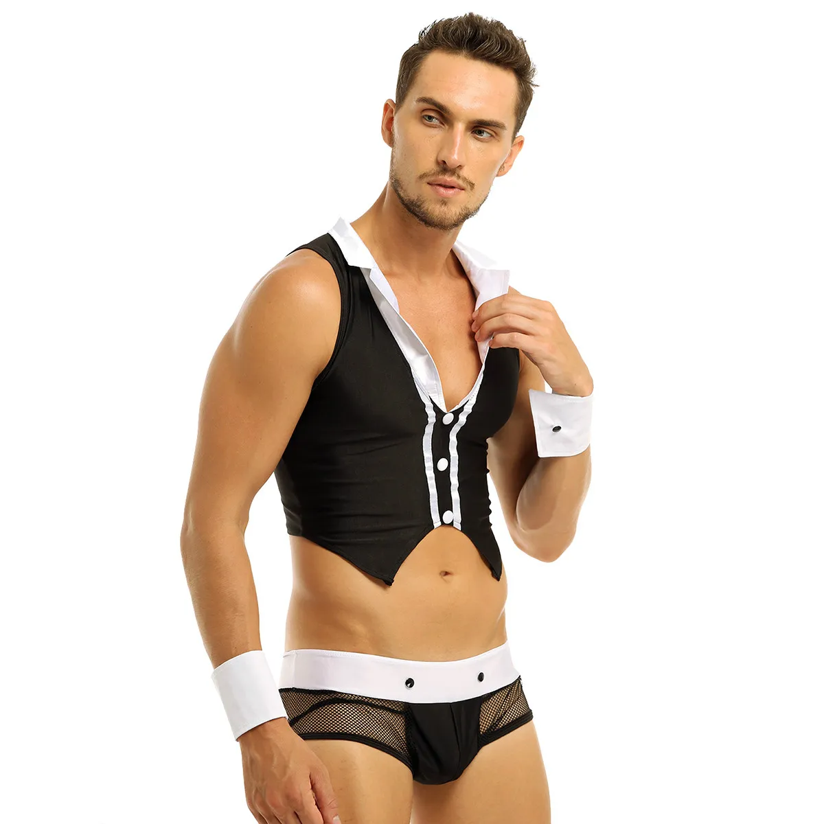 

5pcs Mens Sexy Maid Role Play Costume Outfits Tops Boxer Underwear with Collar Handcuffs Lingerie Set Coustume Outfit Sexy Set