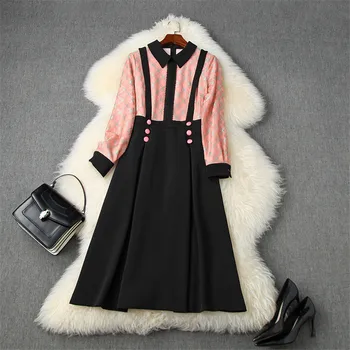 

2020 New Arrival Women Long Sleeve Autumn Dress Clothes Elegant Plaid Print Patchwork Knee Length Casual One Piece Dresses