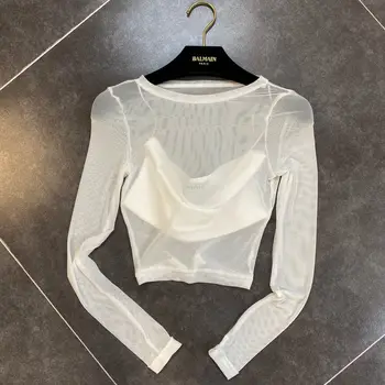 

Summer Long Sleeve T-shirt Crew Neck Long Sleeves Elastic Mesh Perspective Blouse with Sling Camis Ladies Tops Crop Top
