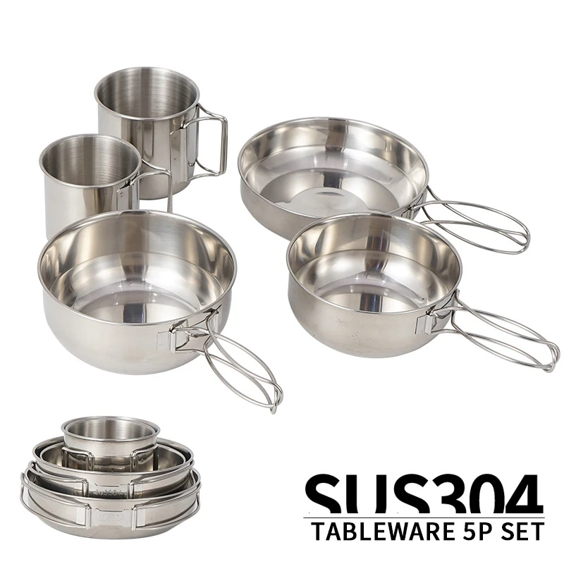 Ultralight Stainless Steel Camping Cookware 5piece Cup and Bowl