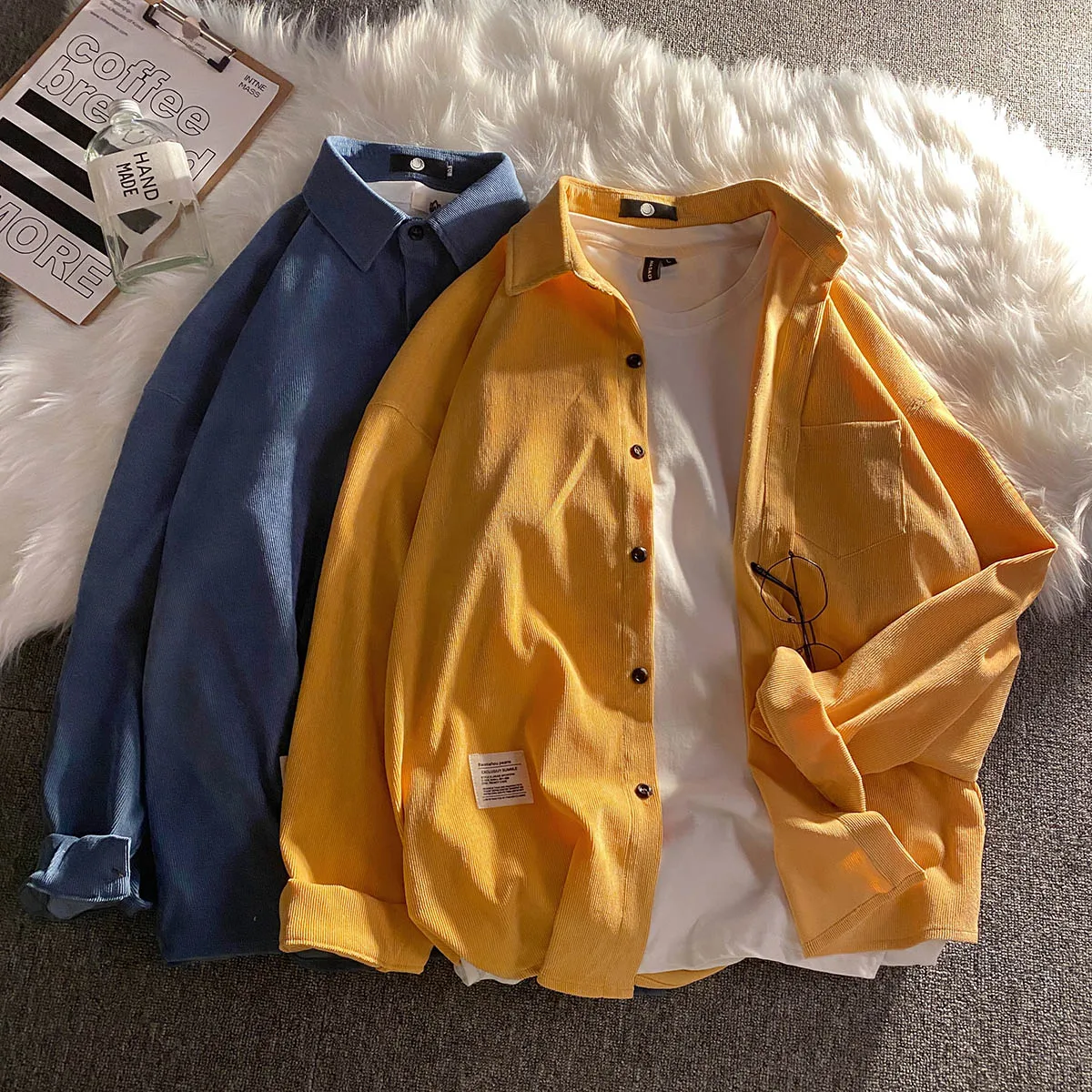 

Men Spring And Autumn Fashion Japan Style Vintage Slim Fit Corduroy Shirt Male Casual Blue Yellow Solid Color Shirt Clothing