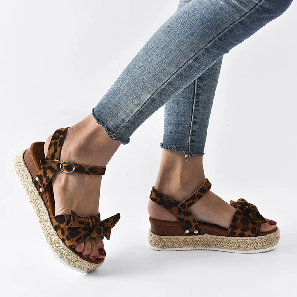

Shoes Women's Ladies Fashion Solid Leopard Wedges Bowknot Sandals Casual Comfortable Female Shoes Women Sandals